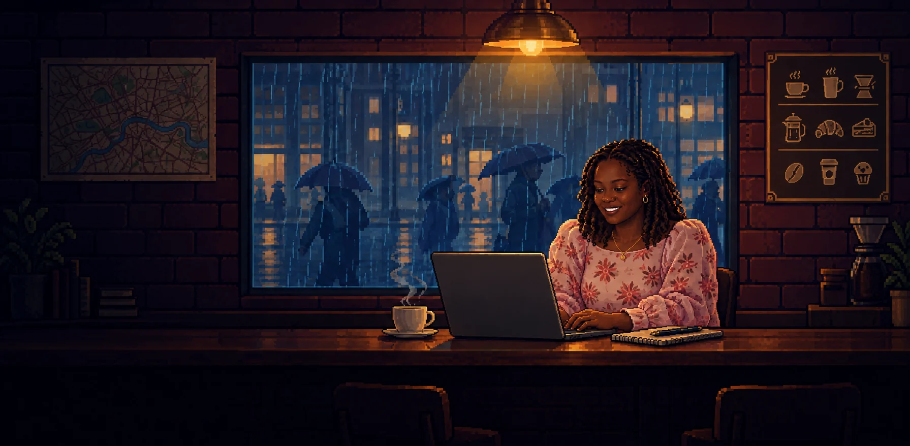 Pixel-art illustration of Kehinde working on a laptop at a coffee shop counter on a rainy night